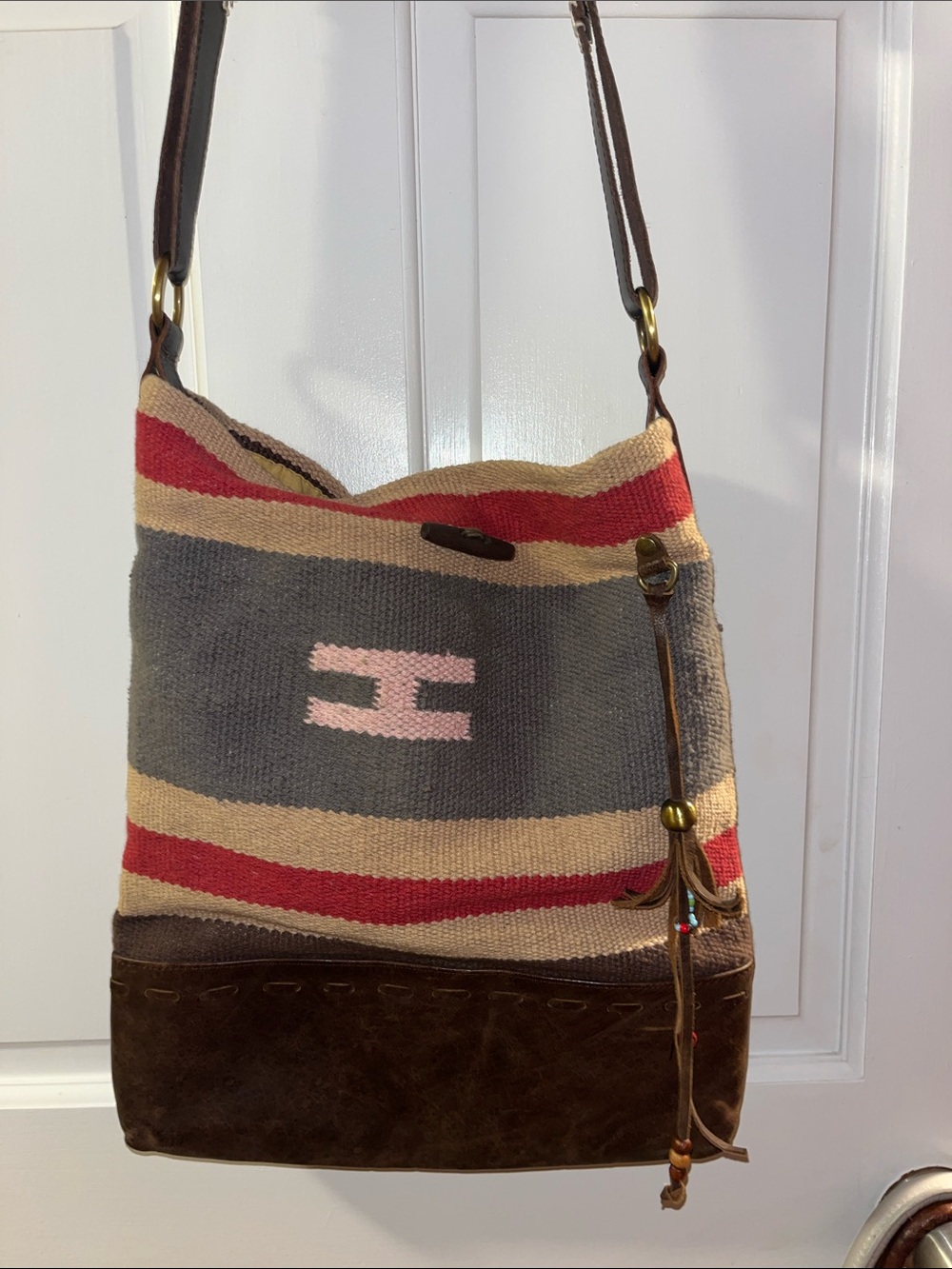 RAJ Woven Stripe Cotton and Leather Shoulder Bag in Gray, Red & Beige
